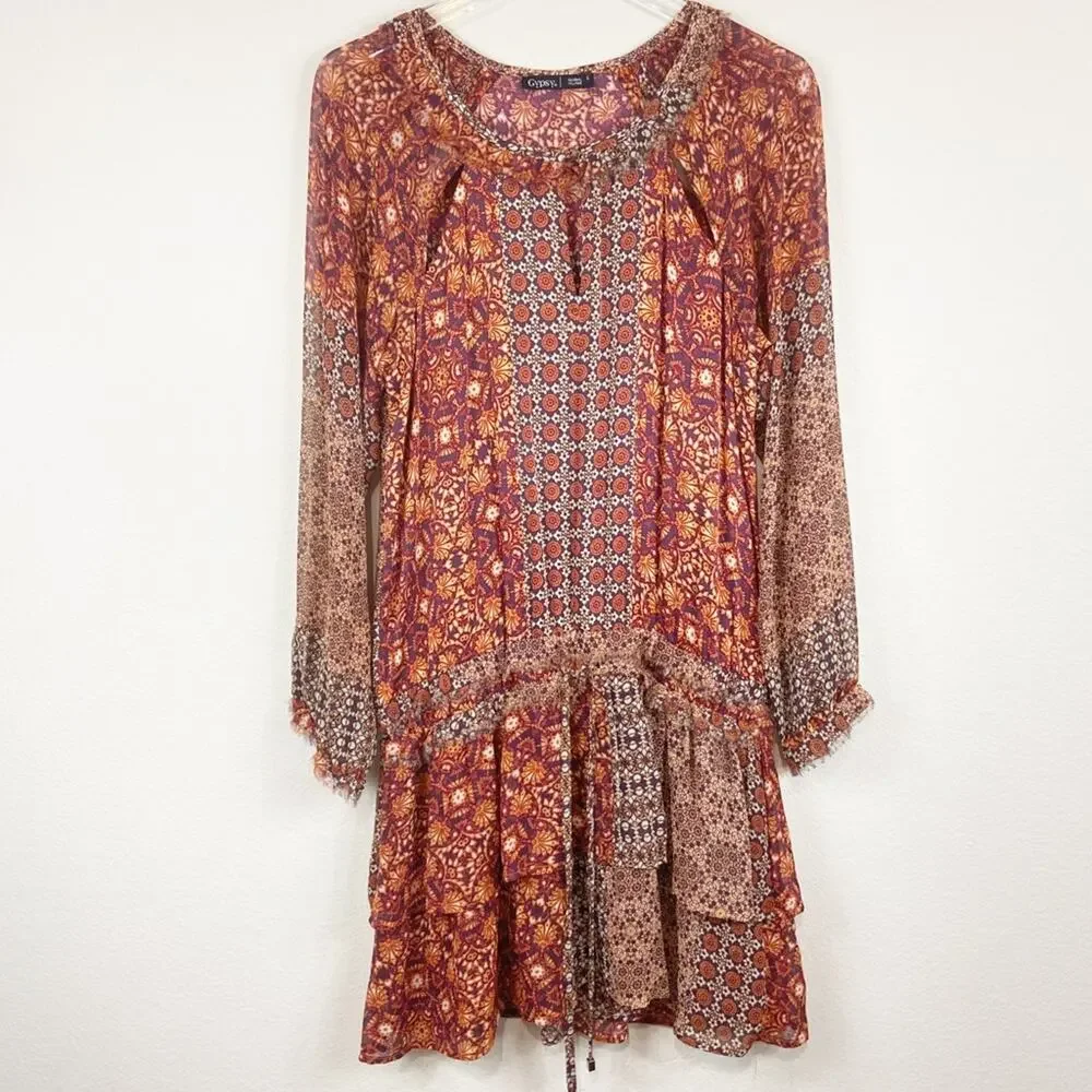 Gypsy 05 | Girih Peasant Boho Print Silk Dress - Picture 3 of 8